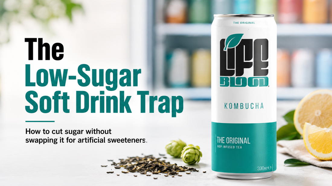 Can of Life Blood Original kombucha next to loose tea leaves and a hop cone, illustrating how to cut sugar without swapping to artificial sweeteners