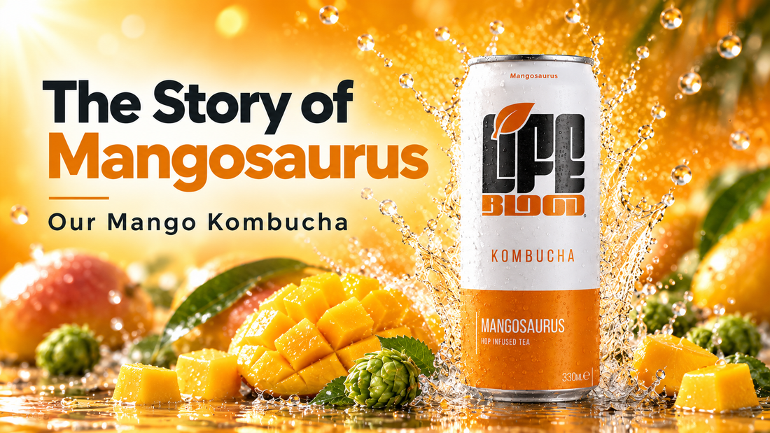 Life Blood Mangosaurus kombucha can, our mango kombucha built from a secret hop blend