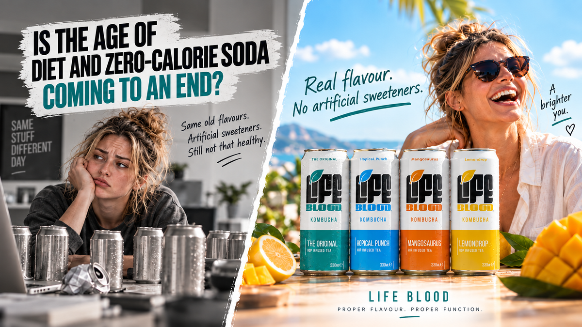 Split image: a tired woman surrounded by empty diet soda cans on the left, a smiling woman with the four Life Blood kombucha flavours, The Original, Hopical Punch, Mangosaurus and Lemondrop, on the right
