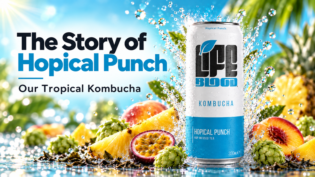 Life Blood Hopical Punch kombucha can, our tropical kombucha built from a secret hop blend