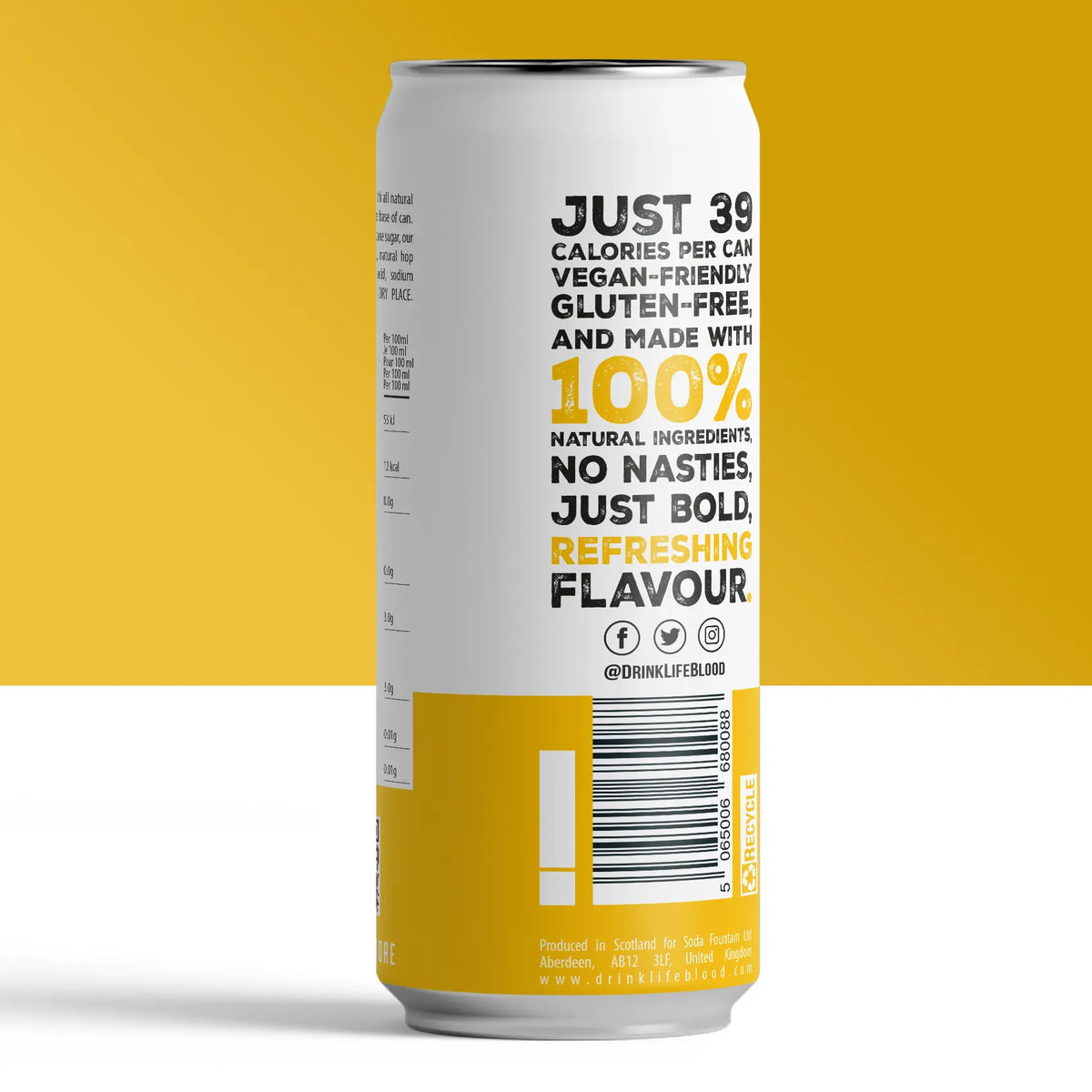 Back of a Life Blood Lemondrop kombucha 330ml can showing the ingredients