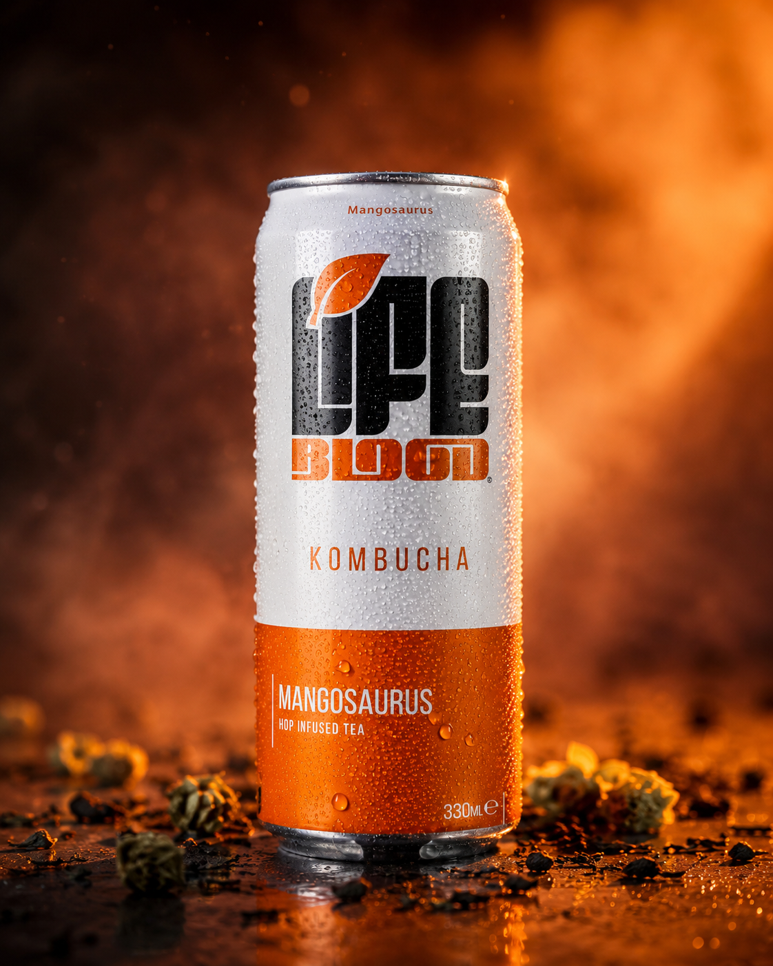 Life Blood Mangosaurus kombucha 330ml can in a dark, moody studio shot